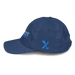 Left angle of the MAS Kansas City Wheelchair Softball Slant Royal Youth Dad Hat against a white background