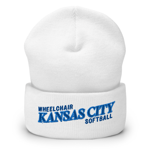 Front angle of the MAS Kansas City Wheelchair Softball Slant White Beanie against a white background
