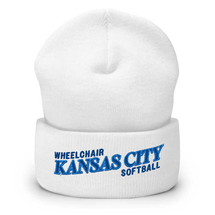 Front angle of the MAS Kansas City Wheelchair Softball Slant White Beanie against a white background