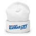 Front angle of the MAS Kansas City Wheelchair Softball Slant White Beanie against a white background