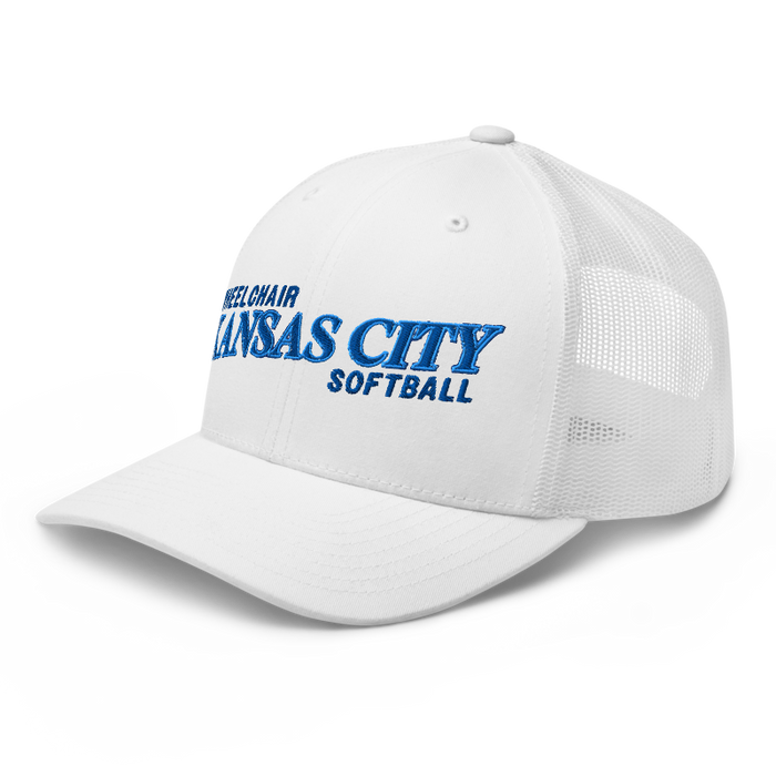Front left angle of the MAS Kansas City Wheelchair Softball Slant White Curved Bill Trucker Snapback against a white background