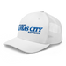 Front left angle of the MAS Kansas City Wheelchair Softball Slant White Curved Bill Trucker Snapback against a white background