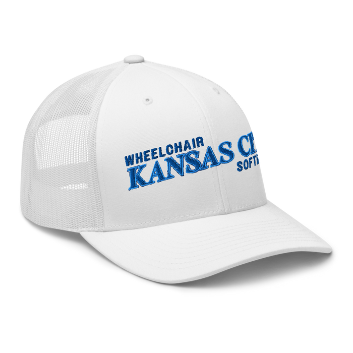 Front right angle of the MAS Kansas City Wheelchair Softball Slant White Curved Bill Trucker Snapback against a white background