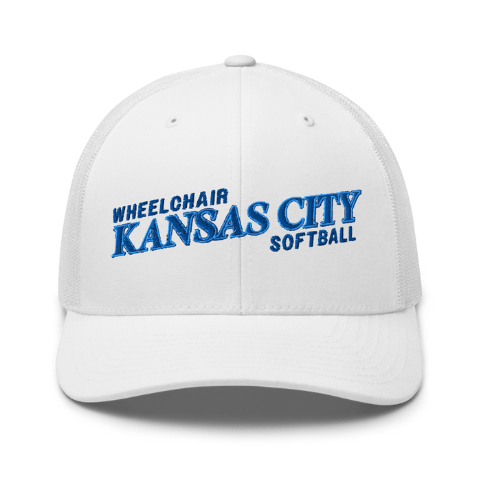 Front angle of the MAS Kansas City Wheelchair Softball Slant White Curved Bill Trucker Snapback against a white background