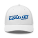Front angle of the MAS Kansas City Wheelchair Softball Slant White Curved Bill Trucker Snapback against a white background