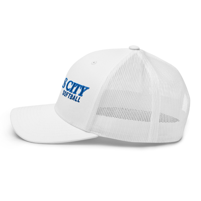Left angle of the MAS Kansas City Wheelchair Softball Slant White Curved Bill Trucker Snapback against a white background