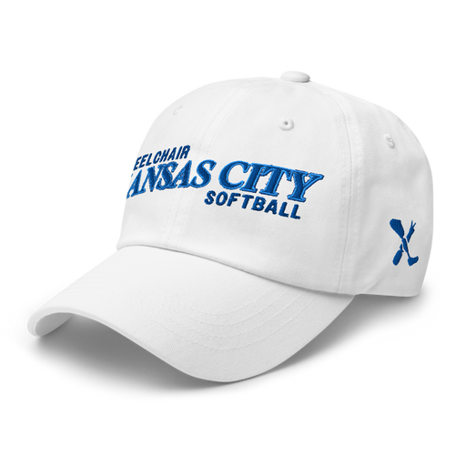 Front left angle of the MAS Kansas City Wheelchair Softball Slant White Dad Hat against a white background