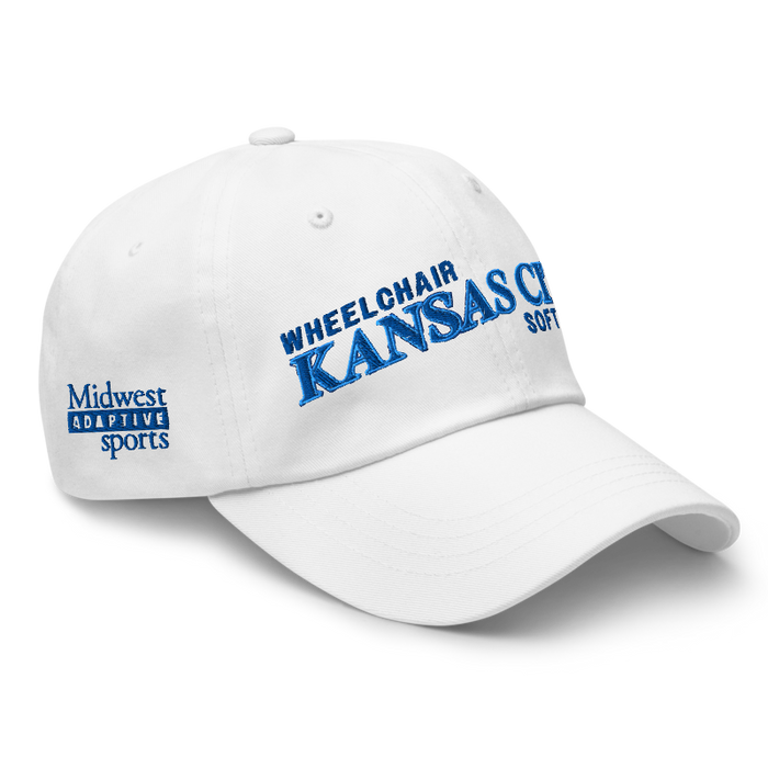 Front right angle of the MAS Kansas City Wheelchair Softball Slant White Dad Hat against a white background