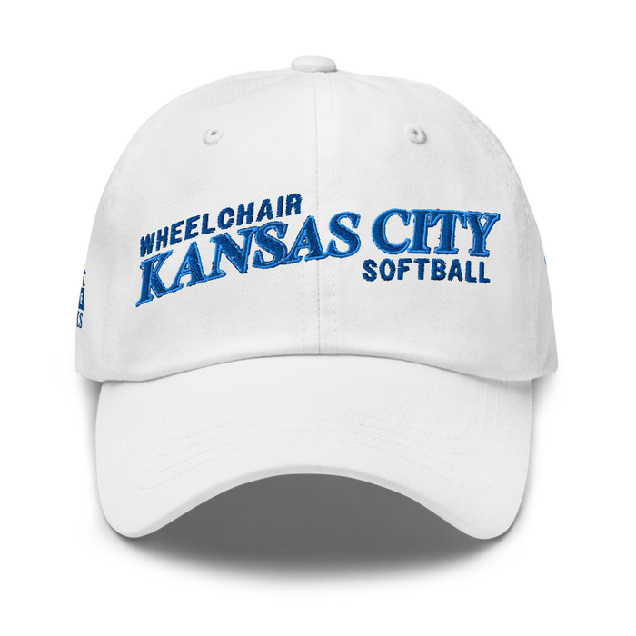 Front angle of the MAS Kansas City Wheelchair Softball Slant White Dad Hat against a white background