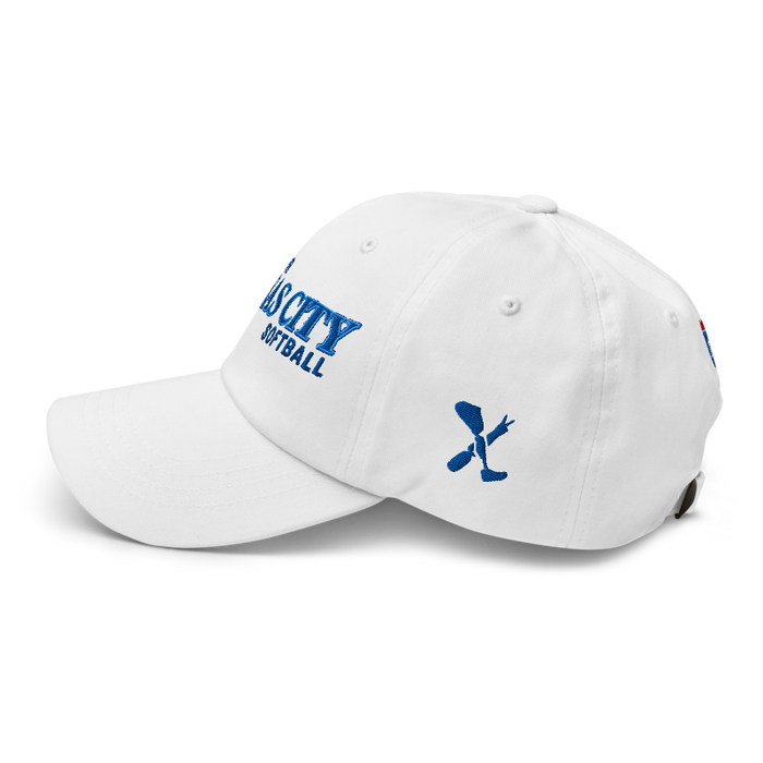 Left angle of the MAS Kansas City Wheelchair Softball Slant White Dad Hat against a white background
