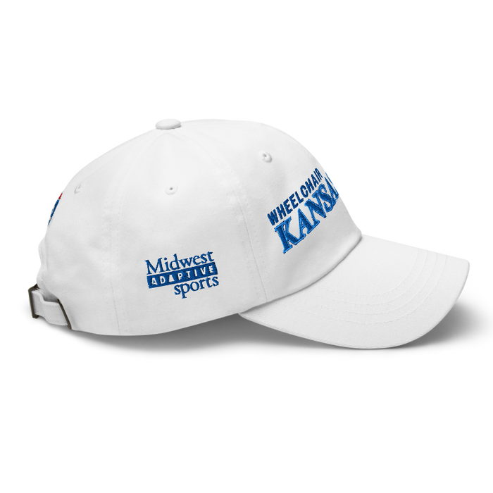 Right angle of the MAS Kansas City Wheelchair Softball Slant White Dad Hat against a white background
