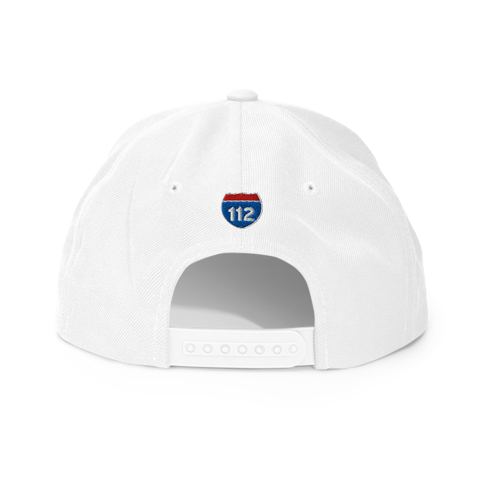 Back angle of the MAS Kansas City Wheelchair Softball Slant White Flat Bill Snapback against a white background