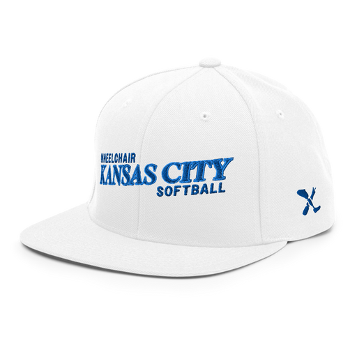 Front left angle of the MAS Kansas City Wheelchair Softball Slant White Flat Bill Snapback against a white background