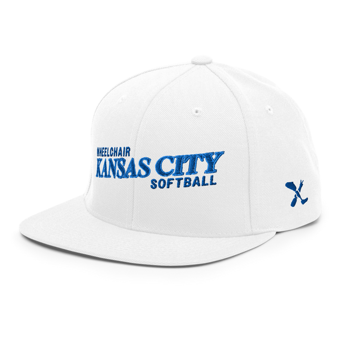 Front left angle of the MAS Kansas City Wheelchair Softball Slant White Flat Bill Snapback against a white background