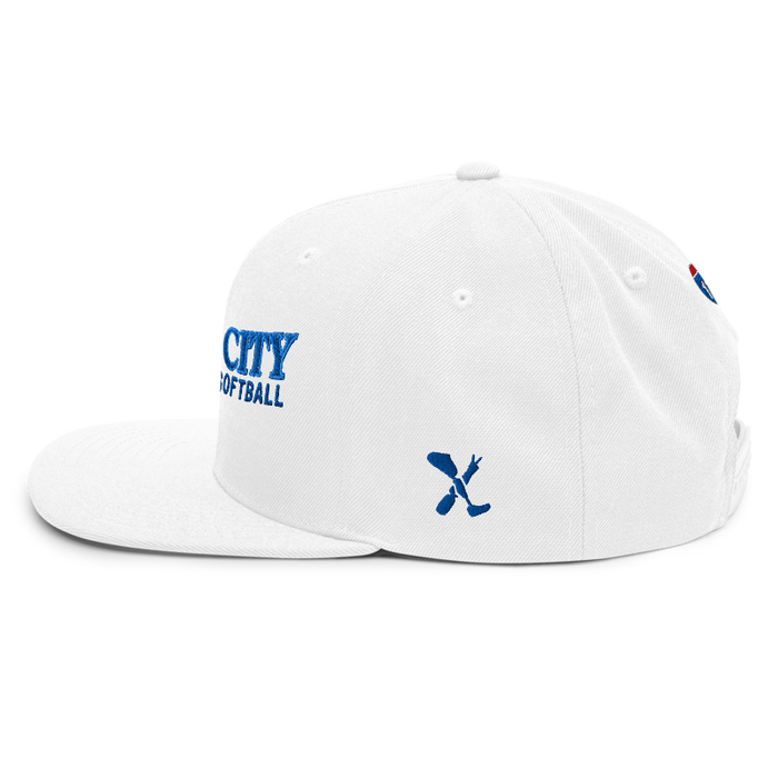 Left angle of the MAS Kansas City Wheelchair Softball Slant White Flat Bill Snapback against a white background