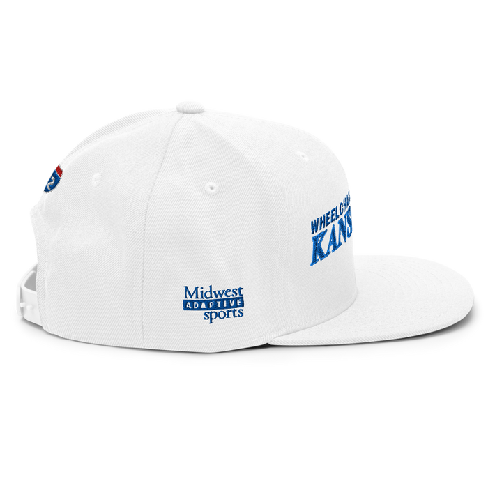 Right angle of the MAS Kansas City Wheelchair Softball Slant White Flat Bill Snapback against a white background