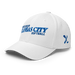 Front left angle of the MAS Kansas City Wheelchair Softball Slant White Flexfit Curved Bill Fitted against a white background
