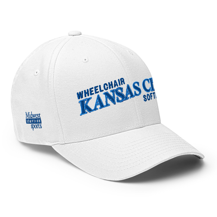 Front right angle of the MAS Kansas City Wheelchair Softball Slant White Flexfit Curved Bill Fitted against a white background
