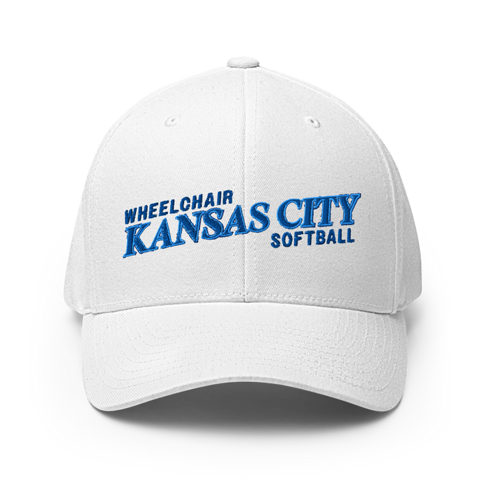 Front angle of the MAS Kansas City Wheelchair Softball Slant White Flexfit Curved Bill Fitted against a white background