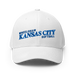 Front angle of the MAS Kansas City Wheelchair Softball Slant White Flexfit Curved Bill Fitted against a white background