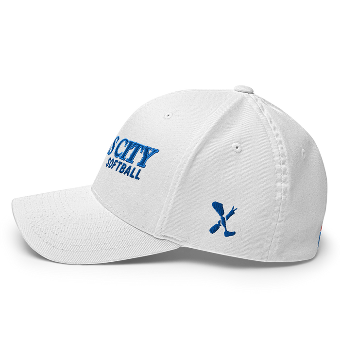 Left angle of the MAS Kansas City Wheelchair Softball Slant White Flexfit Curved Bill Fitted against a white background