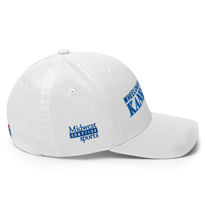 Right angle of the MAS Kansas City Wheelchair Softball Slant White Flexfit Curved Bill Fitted against a white background