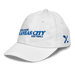 Front left angle of the MAS Kansas City Wheelchair Softball Slant White Youth Dad Hat against a white background