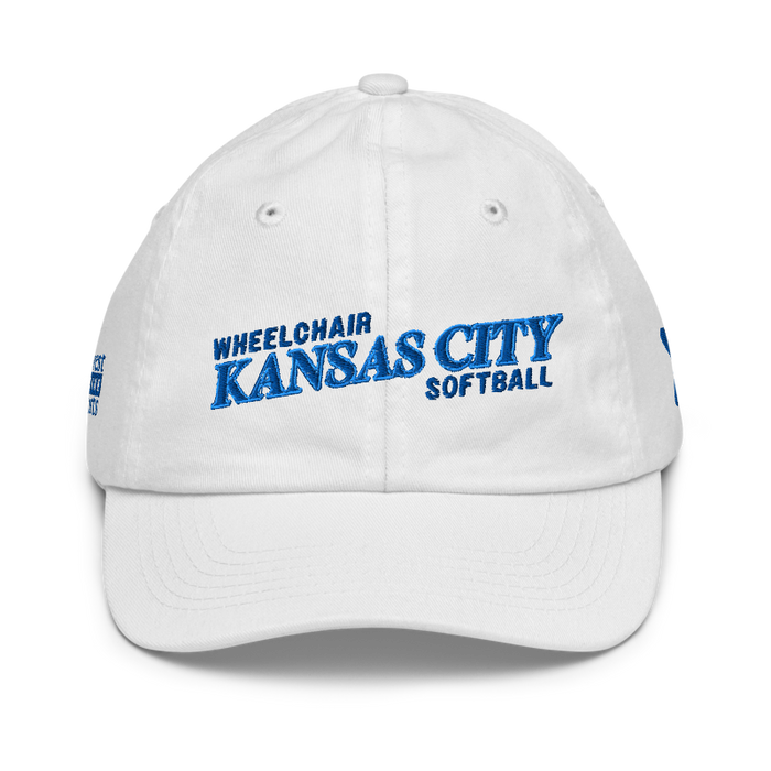 Front angle of the MAS Kansas City Wheelchair Softball Slant White Youth Dad Hat against a white background