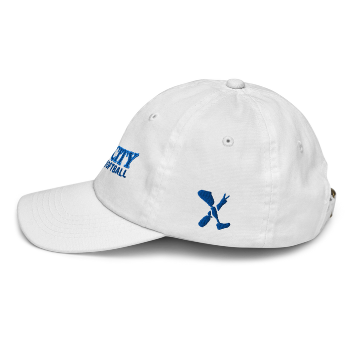 Left angle of the MAS Kansas City Wheelchair Softball Slant White Youth Dad Hat against a white background