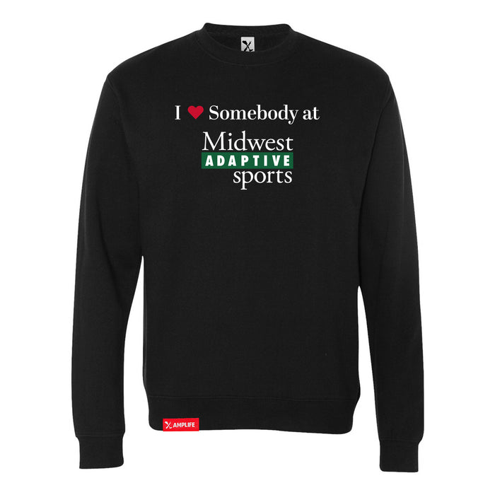 Midwest Adaptive Sports I Love Somebody at MAS Black Crewneck Sweatshirt on a white background