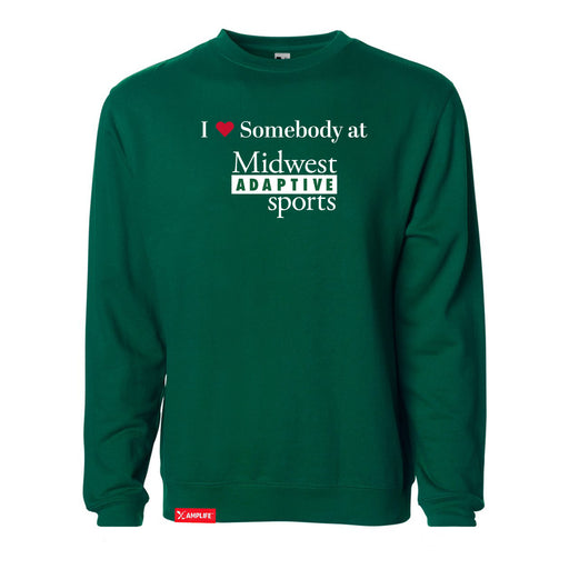 Midwest Adaptive Sports I Love Somebody at MAS Dark Green Crewneck Sweatshirt on a white background