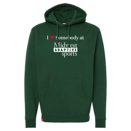 Midwest Adaptive Sports I Love Somebody at MAS Dark Green Hoodie on a white background