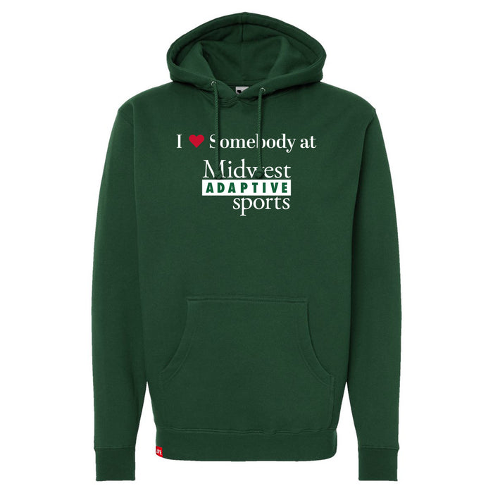 Midwest Adaptive Sports I Love Somebody at MAS Dark Green Hoodie on a white background