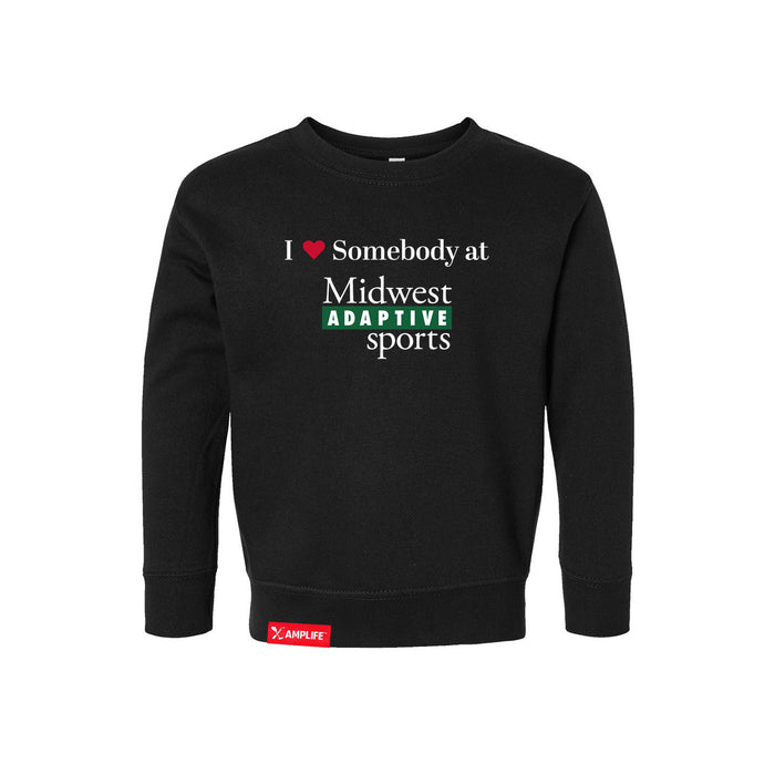 Midwest Adaptive Sports I Love Somebody at MAS Toddler Black Crewneck Sweatshirt on a white background