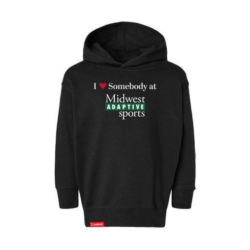 Midwest Adaptive Sports I Love Somebody at MAS Toddler Black Hoodie on a white background
