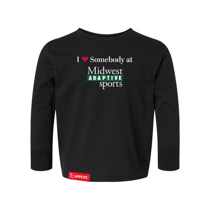 Midwest Adaptive Sports I Love Somebody at MAS Toddler Black Long Sleeve T-Shirt on a white background