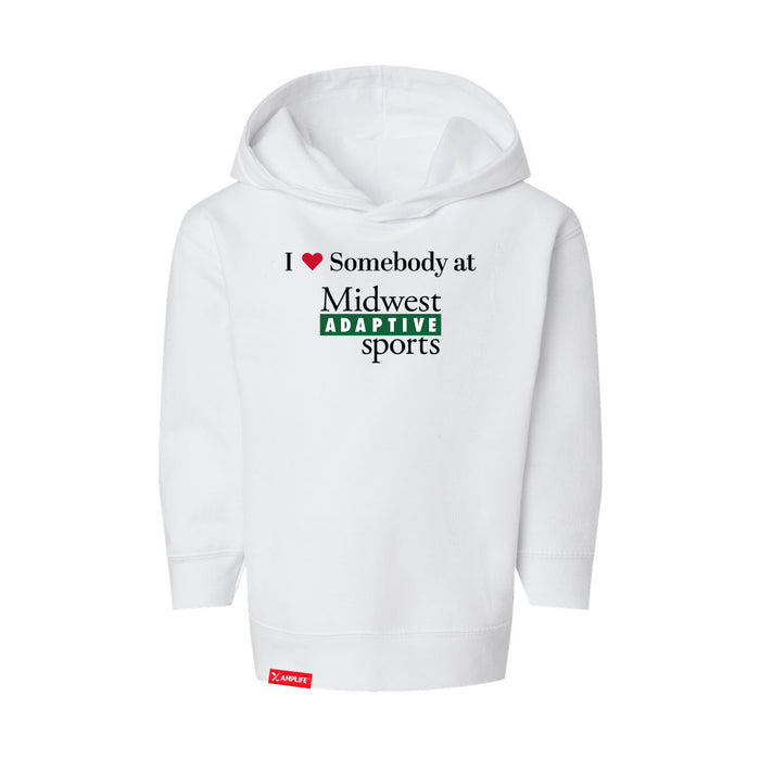 Midwest Adaptive Sports I Love Somebody at MAS Toddler White Hoodie on a white background
