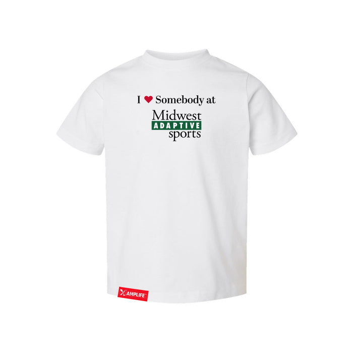 Midwest Adaptive Sports I Love Somebody at MAS Toddler White T-Shirt on a white background