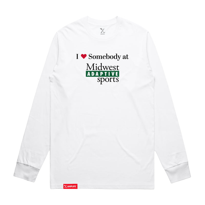 Midwest Adaptive Sports I Love Somebody at MAS White Long Sleeve T-Shirt on a white background