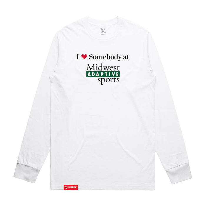 Midwest Adaptive Sports I Love Somebody at MAS White Long Sleeve T-Shirt on a white background