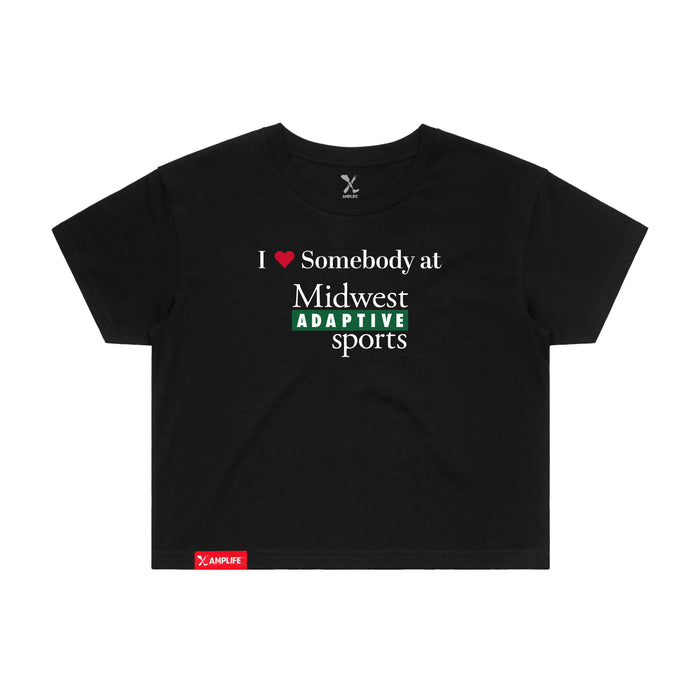 Midwest Adaptive Sports I Love Somebody at MAS Women's Black Crop T-Shirt on a white background