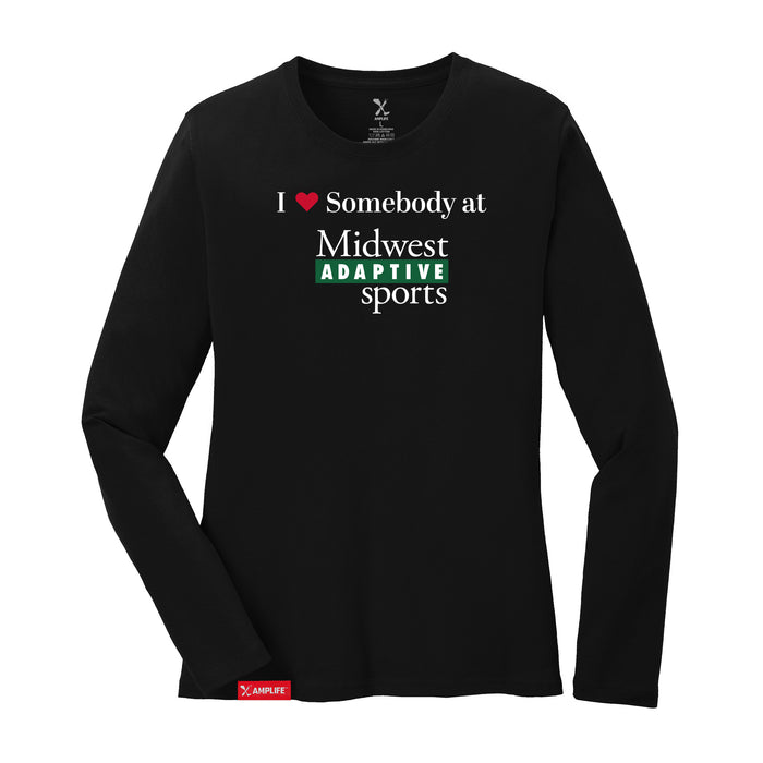 Midwest Adaptive Sports I Love Somebody at MAS Women's Black Long Sleeve T-Shirt on a white background