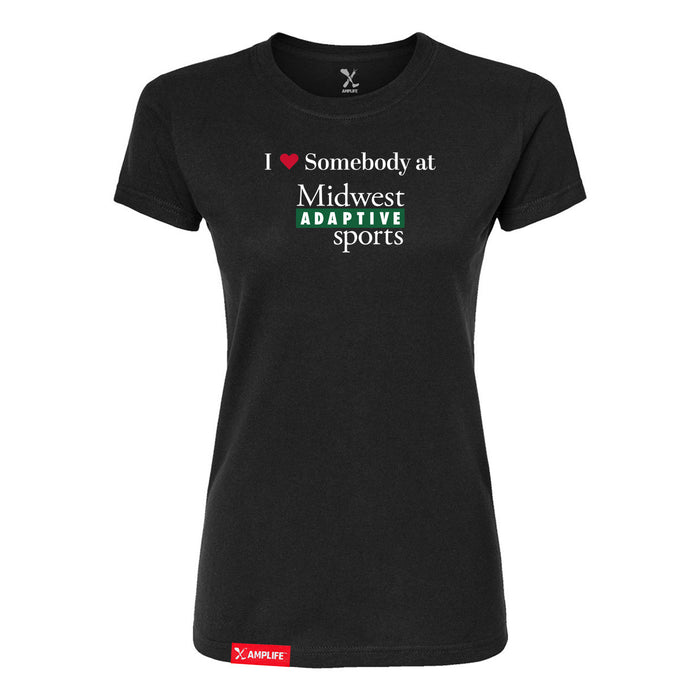Midwest Adaptive Sports I Love Somebody at MAS Women's Black Slim T-Shirt on a white background