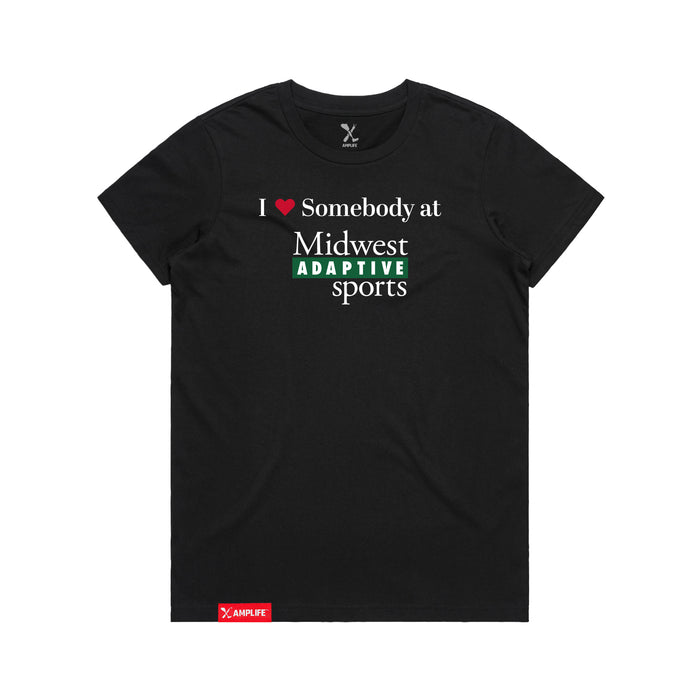Midwest Adaptive Sports I Love Somebody at MAS Women's Black T-Shirt on a white background