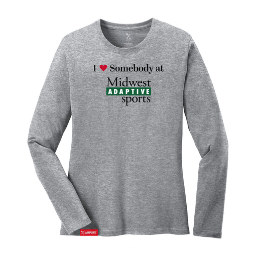 Midwest Adaptive Sports I Love Somebody at MAS Women's Heather Grey Long Sleeve T-Shirt on a white background