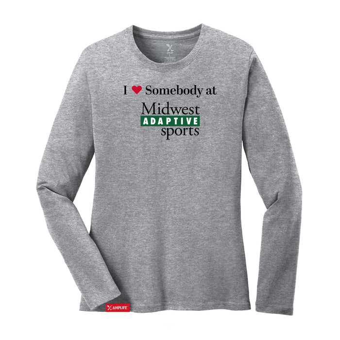 Midwest Adaptive Sports I Love Somebody at MAS Women's Heather Grey Long Sleeve T-Shirt on a white background