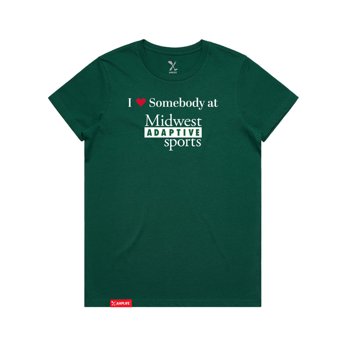 Midwest Adaptive Sports I Love Somebody at MAS Women's Jade T-Shirt on a white background