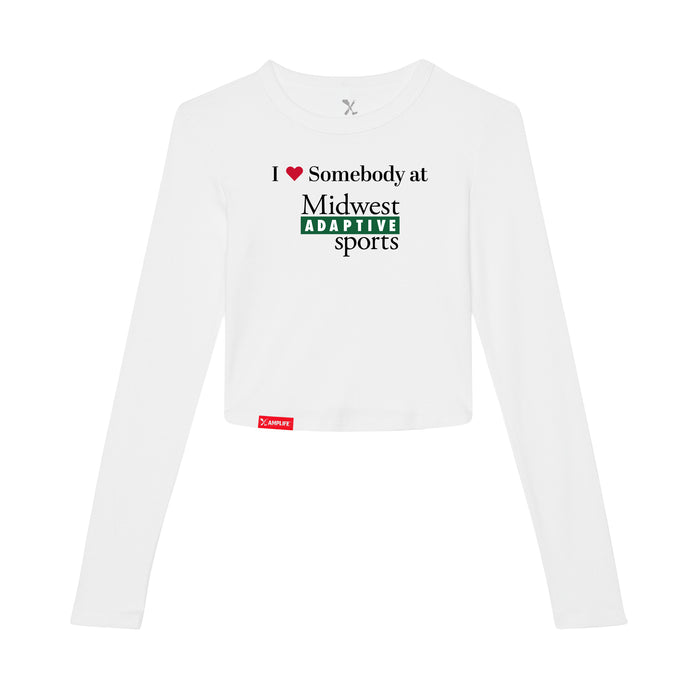 Midwest Adaptive Sports I Love Somebody at MAS Women's White Crop Long Sleeve T-Shirt on a white background