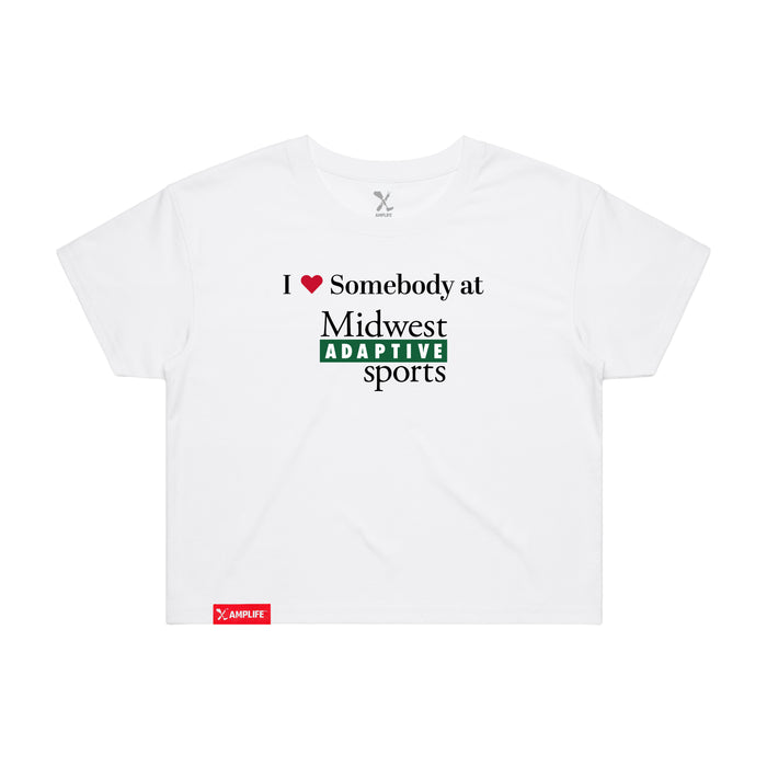 Midwest Adaptive Sports I Love Somebody at MAS Women's White Crop T-Shirt on a white background