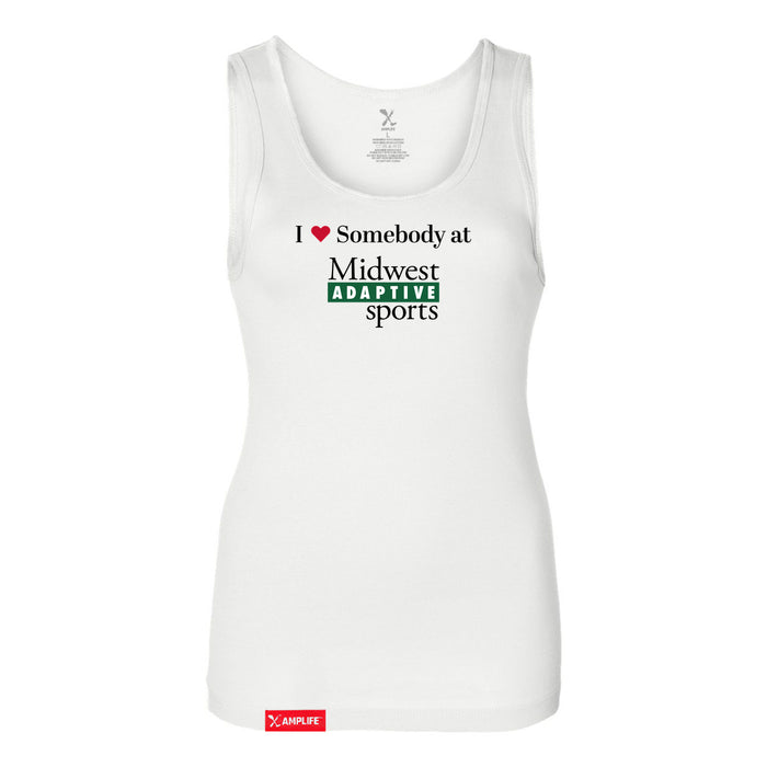 Midwest Adaptive Sports I Love Somebody at MAS Women's White Slim Micro Rib Tank Top on a white background